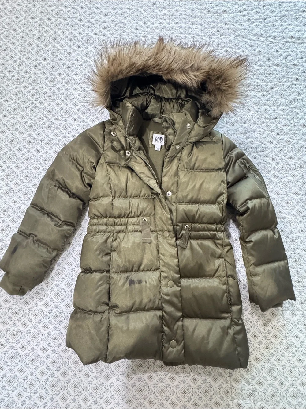 GAP Olive Green Kids Puffer Coat with Faux Fur Hood